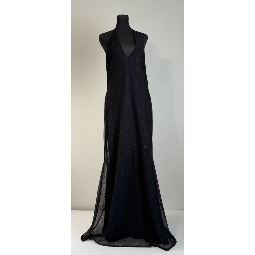 Vintage Y2K Jessica McClintock Gunne Sax Black Glitter Halter Maxi Dress 13/14